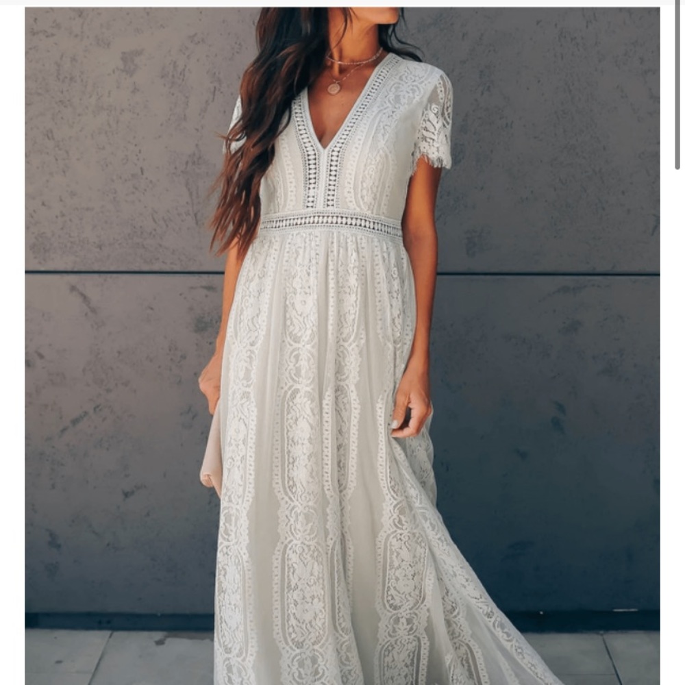 Short Sleeved White Lace Maxi Dress